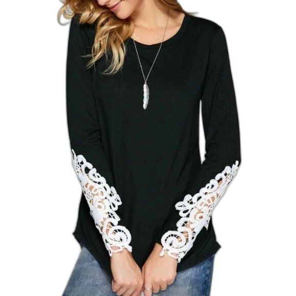 *NWT* Black Long Sleeve Top w. Lace Patchwork on the Arms - Picture 3 of 6